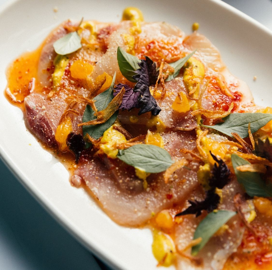 Tiki Thai - KINGFISH SASHIMI TIKI STYLE. With Turmeric & Galangal Coconut, Red Nahm Jihm, Grapefruit